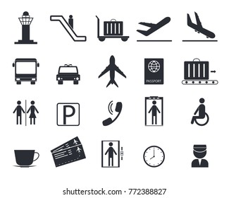 Cartoon Silhouette Black Airport Icons Set Element Flat Design Style Include of Passport, Luggage, Ticket and Tower. Vector illustration