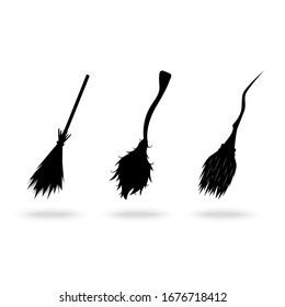 Cartoon Silhouette Black Brooms Icon Row Set Concept Decorative Element Flat Design Style. Vector illustration of Icons