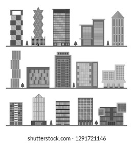 Cartoon Silhouette Black Buildings Icons Set Modern Urban Architecture Construction Office or Home Concept Flat Design Style. Vector illustration of Building
