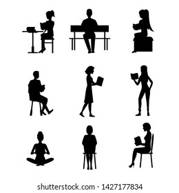 Cartoon Silhouette Black Characters People Male and Female Reading Books Set Education Concept Element Flat Design Style. Vector illustration