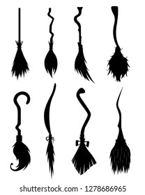 Cartoon Silhouette Black Different Brooms Icon Set Concept Decorative Element Flat Design Style. Vector illustration of Icons