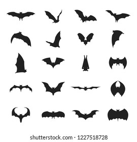 Cartoon Silhouette Black Different Types Bats Icon Set Concept Decorative Element Flat Design Style. Vector illustration of Icons