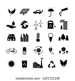 Cartoon Silhouette Black Ecology Signs Icons Set Ecological Power Concept Flat Design Style. Vector illustration of Eco Symbol Icon