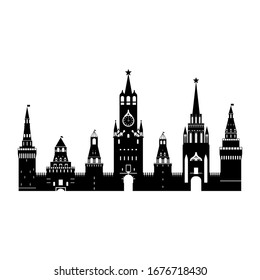 Cartoon Silhouette Black Famous Kremlin Palace Russia Card Poster Travel and Tourism Concept Flat Design. Vector illustration