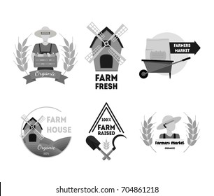 Cartoon Silhouette Black Farm Labels Set Farmhouse Flat Style Web Design Elements. Vector illustration