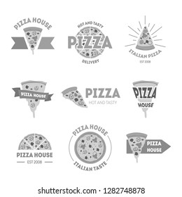 Cartoon Silhouette Black Pizzeria Signs Set Pizza Food Concept Flat Design Style Label or Badge for Your Business. Vector illustration