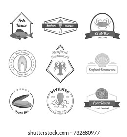 Cartoon Silhouette Black Seafood Badges or Labels Set for a Bar, Restaurant, Tavern or House. Flat Design Style. Vector illustration