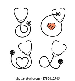 Cartoon Silhouette Black Stethoscope with Heart Set on a White Check Heartbeat Concept. Vector illustration of Stethoscopes