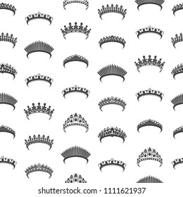 Cartoon Silhouette Black Tiara Seamless Pattern Background on a White Different Types Decoration Element Flat Design Style. Vector illustration of Queen or Bride Tiaras