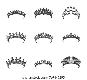 Cartoon Silhouette Black Tiara Set Different Types Decoration Element Flat Design Style. Vector illustration of Queen or Bride Tiaras