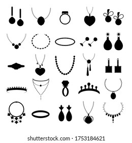 Cartoon Silhouette Black Type Jewelry Set with Precious Gem Include of Armlet, Earring, Pendant and Chain. Vector illustration