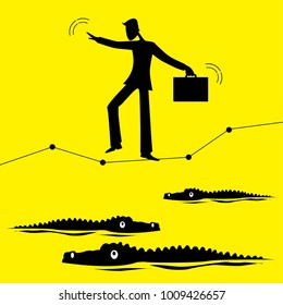 Cartoon silhouette of a businessman walking on chart line. Business risk, challenge concept