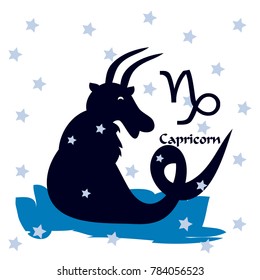 Cartoon silhouette CAPRICORN and asterisks, on white background, vector