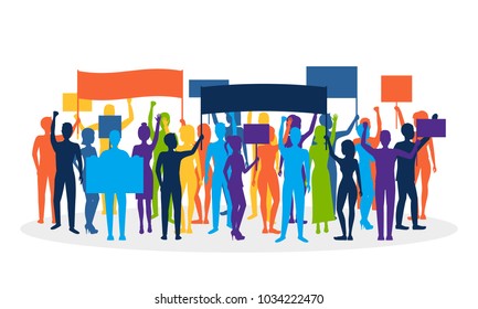 Cartoon Silhouette Color Protesting Crowd Demonstration, Picket or Conflict Action Culture Concept Flat Design Style. Vector illustration of Protesters People