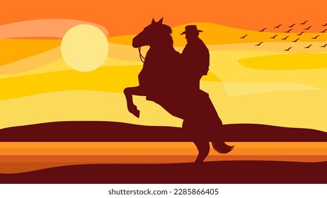 Cartoon Silhouette Of Cowboy On Horse. Vector Hand Drawn Illustration With Western Landscape Background