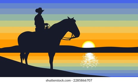 Silueta De Caricatura De Vaquero A Caballo. Ilustración dibujada a mano vectorial con fondo paisajístico occidental