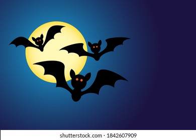 Cartoon silhouette of cute halloween bats  flying in a full moon blue sky 
