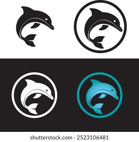 Silhueta de desenhos animados de Dolphin Logo Vetor Illustration, versões em preto e branco,