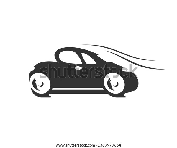 Cartoon silhouette\
of the funny car is driving really fast. The black logo car is\
isolated on a white\
background.