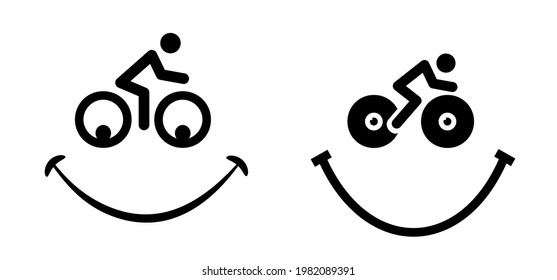 Cartoon silhouette, happy smile face with eyes. World Bicycle day, health day race tour Sport icon Cyclist, cycling Flat vector bike pictogram. 