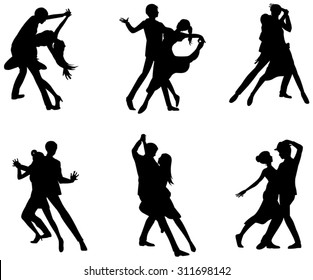 A cartoon silhouette illustration drawing icon set of dancing couple sport for both man and woman in various action and dancer fashion clothing, create by vector  