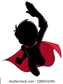 Cartoon silhouette illustration of powerful and healthy super boy flying while wearing superhero costume against white background for copy space.