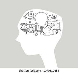 Cartoon silhouette of a man's head with a light bulb and gears. The business concept of making idea with little people.