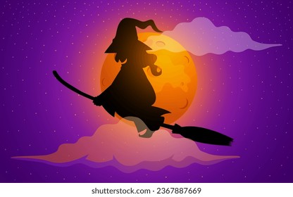 Cartoon silhouette of an old witch soaring through the night sky on her broom, with a full moon casting a vibrant backdrop, perfect for Halloween-themed content and holiday decorations