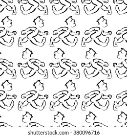 Cartoon silhouette of a person walking with a black contour on a white background. Men are following each other in one line. Walking people in opposite directions. Abstract seamless pattern. Vector.