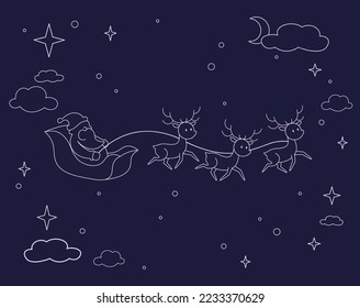 Cartoon silhouette of santa claus and reindeer on sled. Christmas night concept, bright stars, falling snowflakes on dark sky. Vector linear cute animal illustration in flat design.