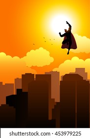 Cartoon silhouette of a superhero flying on cityscape