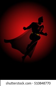 Cartoon silhouette of a superhero flying on dramatic red background