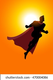 Cartoon silhouette of a superhero flying at sunrise