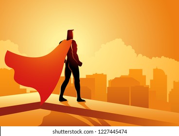 Cartoon silhouette of a superhero standing on the edge of a building watching cityscape at sunset or sunrise