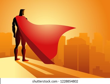 Cartoon silhouette of a superhero standing on the edge of a building watching cityscape at sunset or sunrise