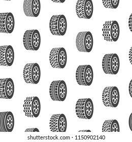 Cartoon Silhouette Tire or Wheel Seamless Pattern Background on a White Car Concept Element Flat Design Style Different Types. Vector illustration