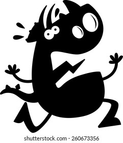A cartoon silhouette of a triceratops dinosaur running in fear.