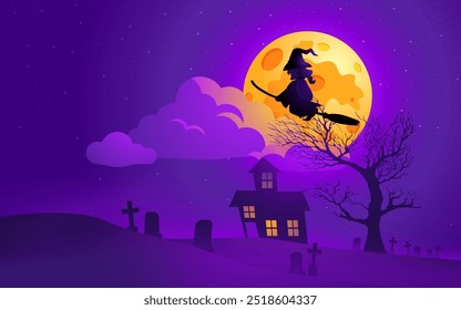 Cartoon silhouette of a witch flying on her broomstick against a full moon backdrop, set in a dark, gloomy landscape. Perfect for Halloween-themed projects, party invitations, or seasonal decorations