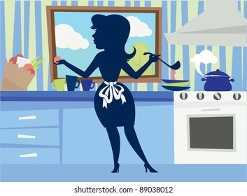 cartoon silhouette of woman, preparing good food in her kitchen