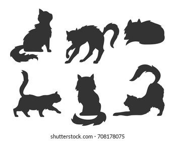 cartoon silhouettes of the cats, hand drawn vector illustration, black icons on the white background