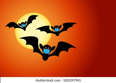 Cartoon silhouettes of a cute halloween bats wearing a face masks and social distancing while flying in front of a full moon in an orange sky during coronavirus pandemic