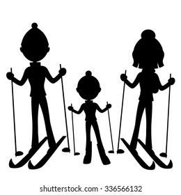 Cartoon silhouettes. Happy family skiing.