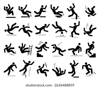 Cartoon Silhouettes Man Warning Caution Symbols With Falling Stick Figure Set. Vector illustration of Fall Down from Ladder