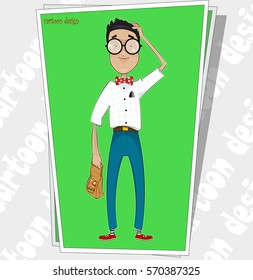 Cartoon silly boy standing with with fast food package and scratching his head. Layered vector illustration. Easy to edit and use boy figure in other design