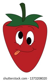 Cartoon of a silly face strawberry in red color with rolling eyes and tongue hanging out vector color drawing or illustration 