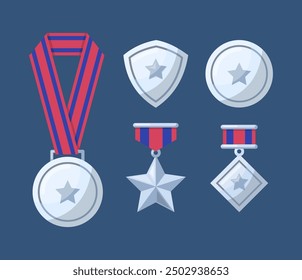 Cartoon Silver Awards Medals with Ribbon, Rhomb and Star Set. Vector illustration