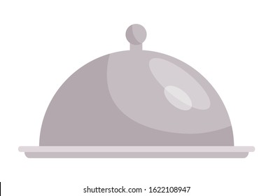 Cartoon silver metal waiter tray under lid isolated on white. Plate with cover for hot restaurant dishes from kitchen. Professional serving table utensils. Food order. Vector flat illustration