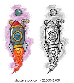 Cartoon silver space rocket flying with fish and pigeon on violet background with planets. Vector postcard or t-shirt design.