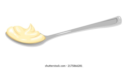 Cartoon silver spoon with mayonnaise, cream or cheese cream side view. Vector clipart isolated on a white background for a banners, apps with kitchen theme, menu and more.