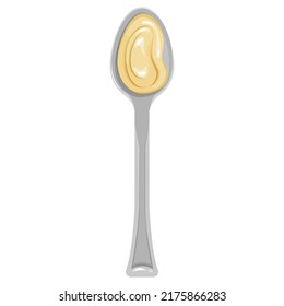 Cartoon silver spoon with mayonnaise, cream or cheese cream top view. Vector clipart isolated on a white background for a banners, apps with kitchen theme, menu and more.
